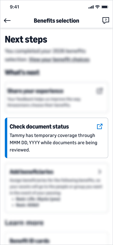 Next steps page: Check document status, temporary coverage while documents are being reviewed